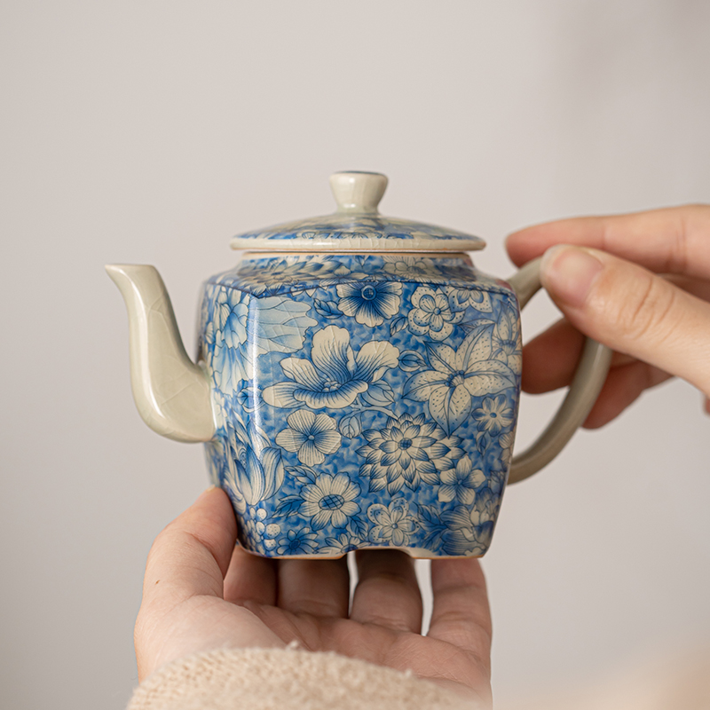 四方青花瓷陶瓷单壶茶壶手工家用家用功夫茶具配件开片可养泡茶器