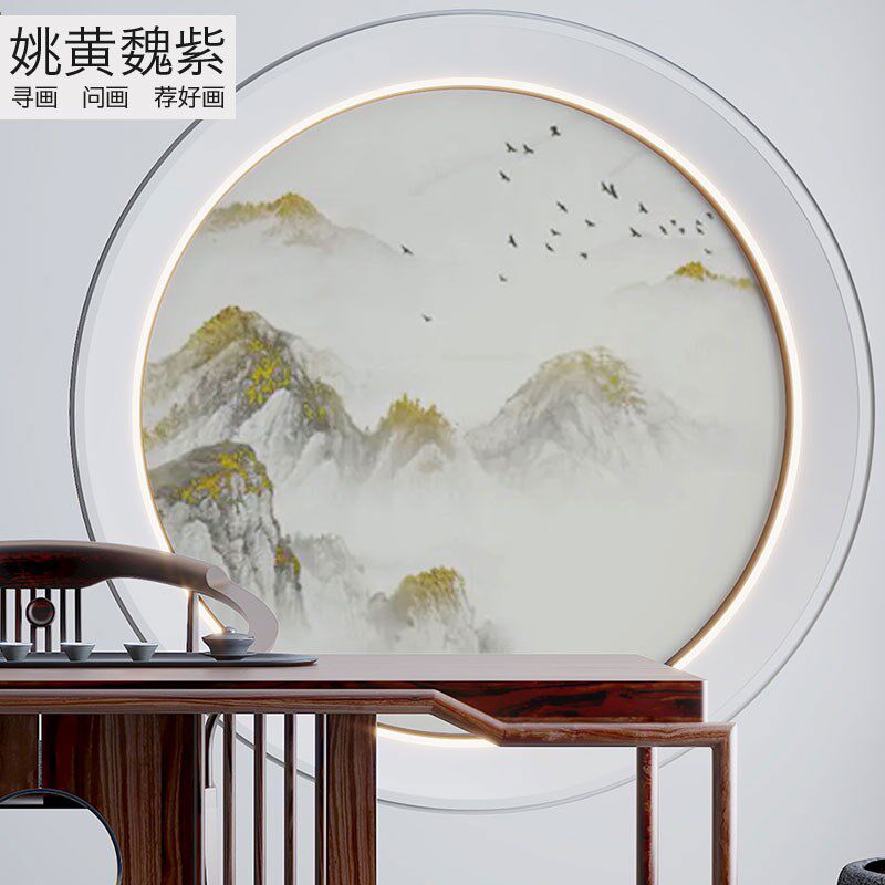 大型沙发绣画圆形背景高端刺绣墙布福佑金山满绣楼梯间山水画全绣