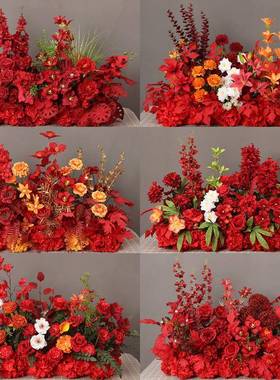 婚TIM庆地花红色花排中式婚礼仿台真绢花舞装饰排T台路引花成品花