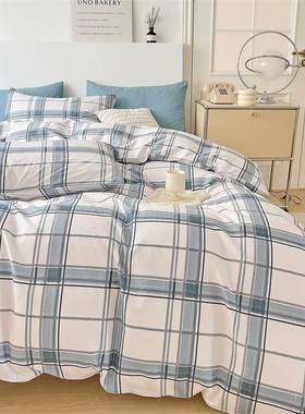 ?B类加厚13372四件套纯色床单纯棉格子被套学生宿舍三件