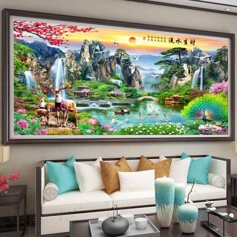 5d钻水石画202满钻新UKM款十字绣厅山风景流客水生5财点砖石贴画