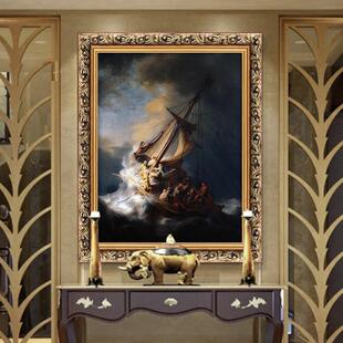 林JD100915画格印象伦勃朗画欧式古挂典油复古客厅巡海上夜风暴人