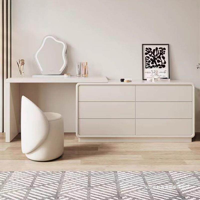 奶油风实木梳台斗柜大伸容量现代简约烤JAL漆收纳妆转柜角柜可缩