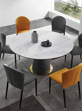 轻奢岩转板餐椅桌客厅用可旋伸缩15646餐桌意式极简方家圆两用餐