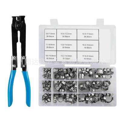 17/0pcs盒不锈钢耳无极装喉箍+蓝色红色卡箍钳单组合单耳无极套装