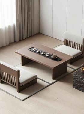 新式茶桌榻米桌椅组合阳HNU台飘窗茶中室实木榻茶几日式原风木矮