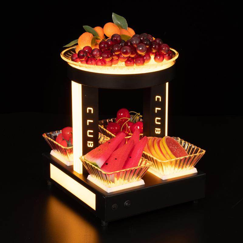 酒吧发光光双层果盘小吃盘黄ld充电LHX小碟酒吧KTV卡吃座铁e艺