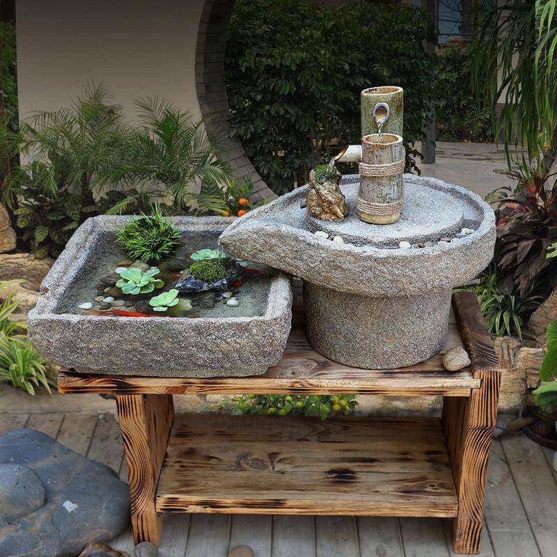 水磨坊创意院鱼池观造景FMM花园客厅石磨景喷泉石槽流水装饰摆庭
