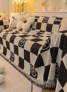 沙猫抓棋盘格沙发巾沙防发盖四FKU季通用布沙发垫直排盖毯一片式