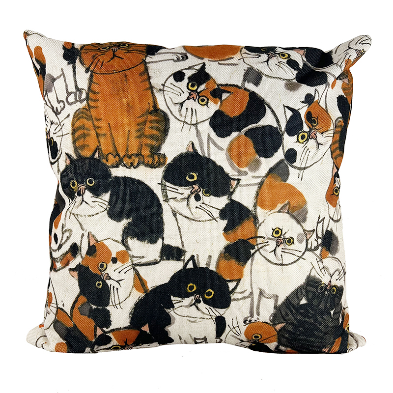 不仁斋薛继业水墨群猫粗纹高档棉麻有芯抱枕客厅沙发靠枕