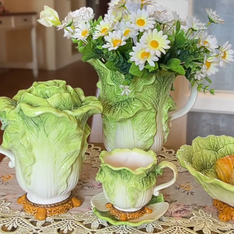 陶瓷白菜花瓶摆件茶壶茶杯餐桌电视柜欧式家居花器装饰品咖啡壶