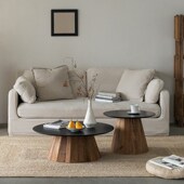 润家家居复古实木圆形茶几老松木组合矮圆桌侘寂风沙发边几小茶桌