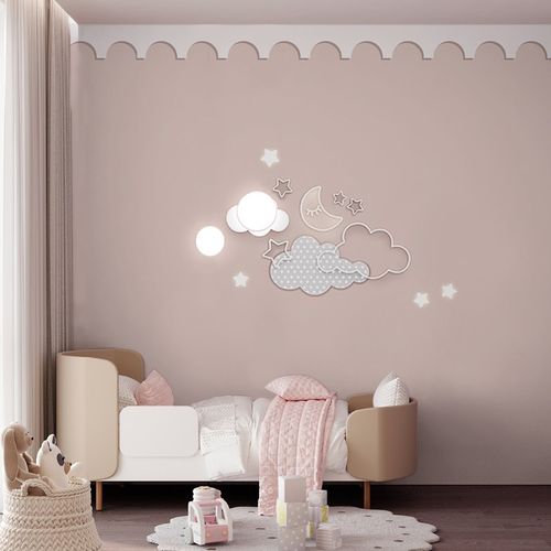 粉色云朵星星墙纸卡通儿童房床头壁纸女孩卧室墙布公主房壁布环保