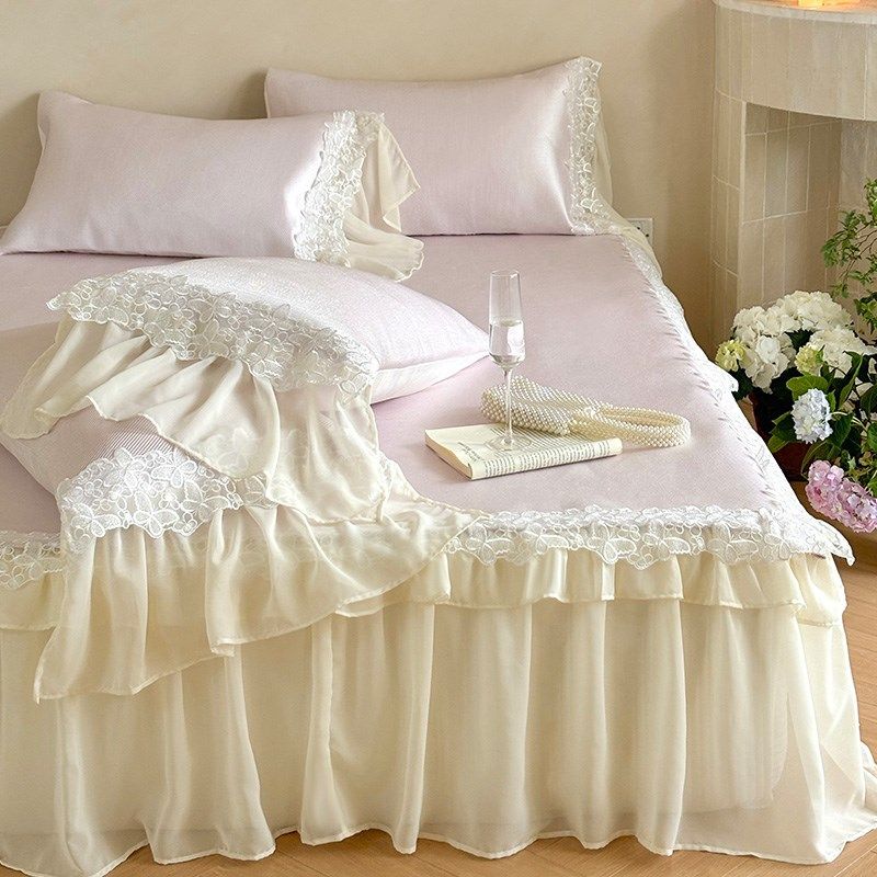 夏季可水洗机洗冰丝凉席三件套小清新雪纺边床裙款可折叠空调软席