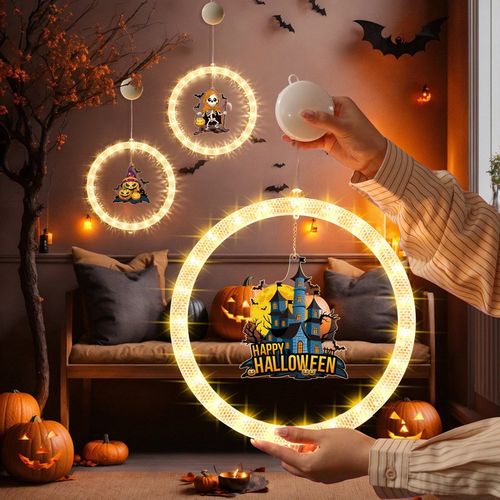 万圣节装饰灯LED圆形发光灯环卡通彩绘商店KTV氛围灯吸盘挂灯彩灯