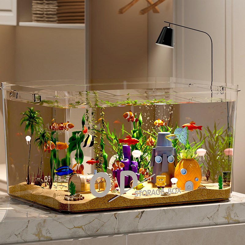 透明仿玻璃鱼缸小型家用桌面客厅生态造景缸金鱼缸乌龟方形饲养缸