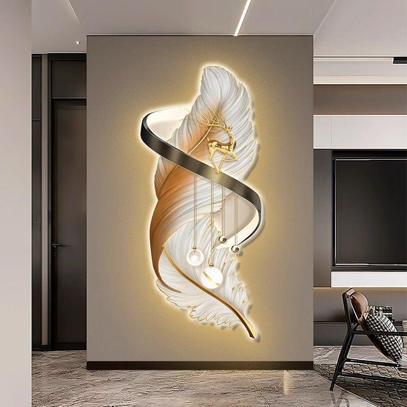 创意玄关装饰画羽毛现代简约入户走廊挂画竖版led灯画过道墙壁画