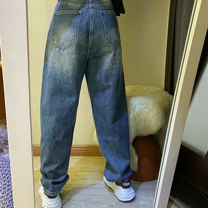 2024欧版货春秋蓝色水洗做旧抓纹高腰宽松直筒牛仔哈伦老爹垮裤女,女装/女士精品,牛仔裤,淘宝优惠券,粉丝福利购,淘宝优惠卷
