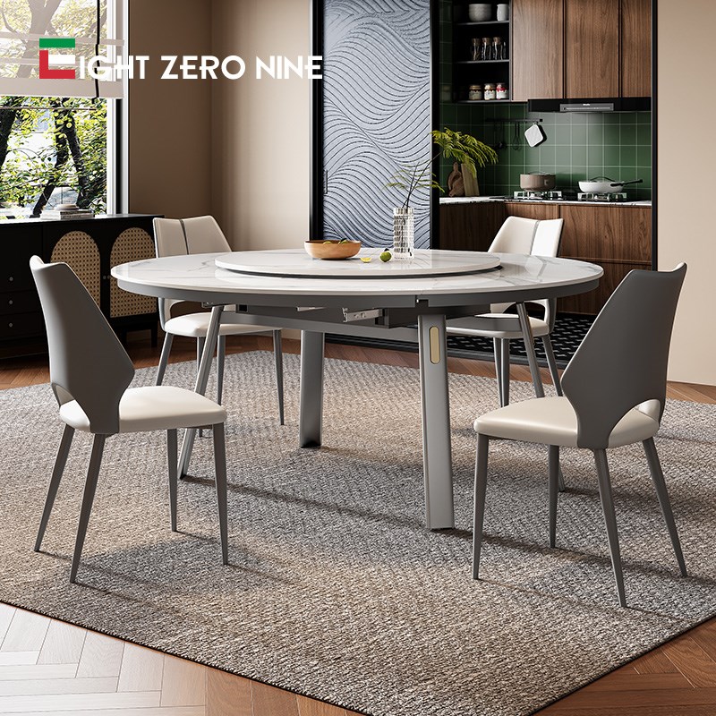 方圆两用伸缩岩板餐桌家用小户型靠墙折叠带电磁炉变形抽拉餐桌