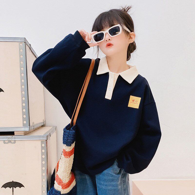 女童卫衣翻领2024秋冬装新款中大童洋气时髦上衣儿童加绒潮polo衫