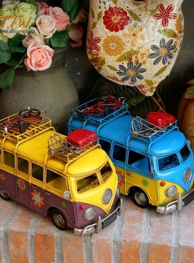 复古老爷车露营巴士房车模型店铺橱窗书柜摆件造景铁艺艺术摆件