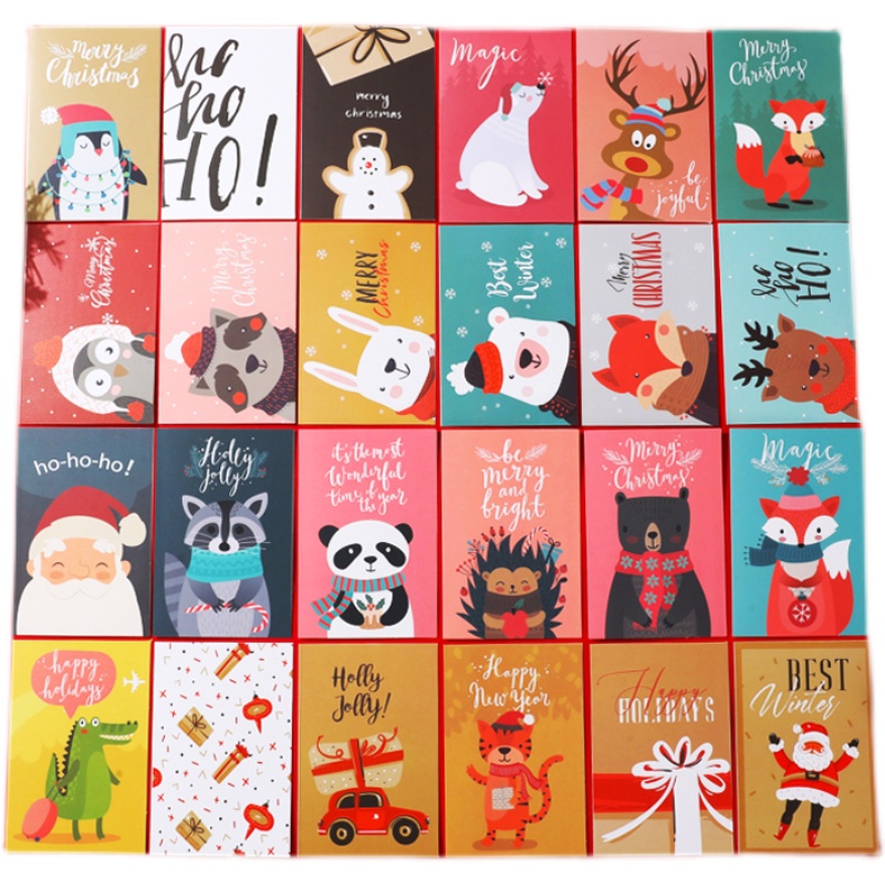 24张不重复圣诞节贺卡儿童卡通礼物祝福感谢小卡片纸留言卡带信封