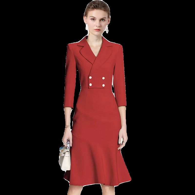 菲特天琪高级感主持人西装职业连衣裙新款名媛气质修身红色礼服女