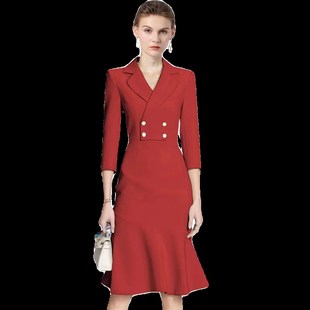 菲特天琪高级感主持人西装职业连衣裙新款名媛气质修身红色礼服女