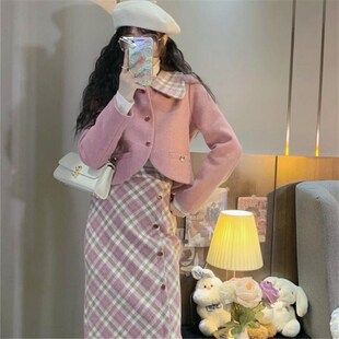 复古套装名媛气质西装潮少女粉色单件春毛呢套装两件套洋气套装秋