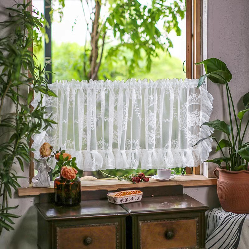 厨房半帘门帘短帘魔术贴窗帘法式白色蕾丝纱帘遮挡帘免打孔隔断帘