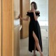 ousph 黑色荷叶边一字肩连衣裙女2023夏法式 海边度假收腰开叉长裙