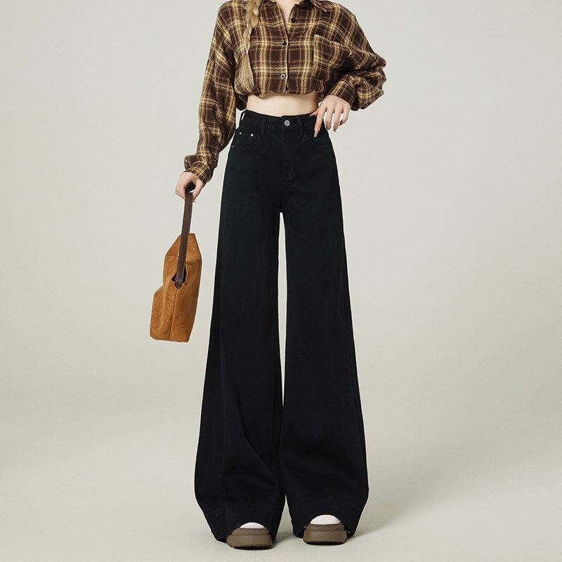 胖mm大码女装黑色不贴腿加绒牛仔裤女冬季保暖加厚裤子拖地阔腿裤