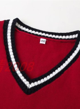 伊顿校服红色v领黑白条针织男童女童春秋英伦套头背心马甲09B111