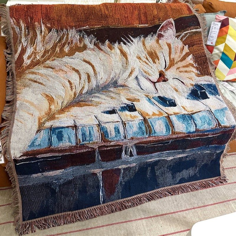 钢琴猫咪 中古风油画线毯沙发单人位盖巾家居装饰盖毯墙挂毯加厚