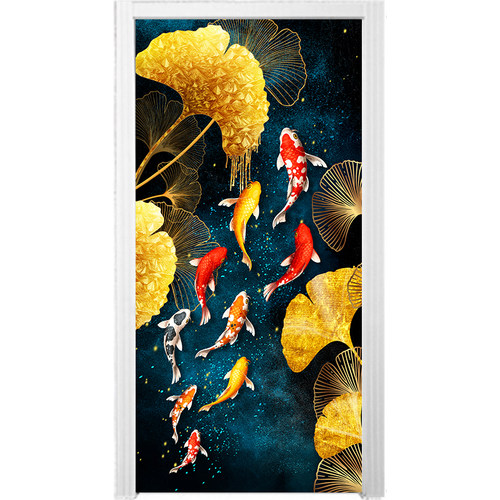 九鱼图防水门贴画整张自粘创意厕所房间木门衣柜玻璃移门翻新贴纸