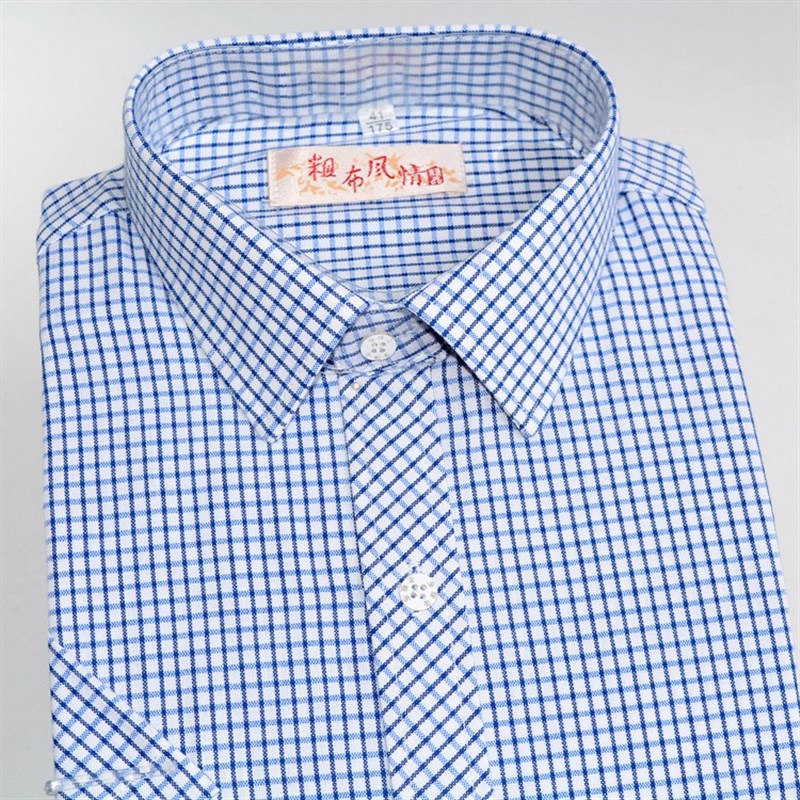 夏季新款纯棉手工老粗布男士短袖衬衣中老年男式上衣格子条纹衬衫
