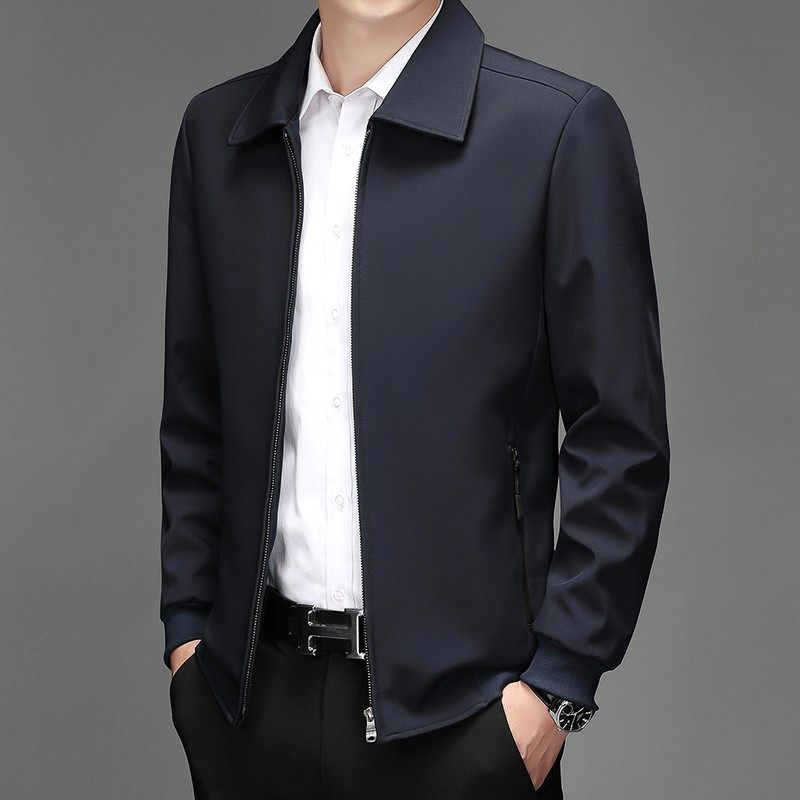 高档2021秋季中年男酒红色夹克爸爸本命年大红色翻领外套大码男装