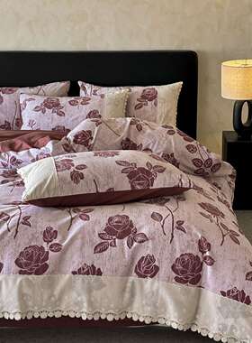 2025新款全棉磨毛花边四件套 1.8m床单款四件套 岁月留声-红