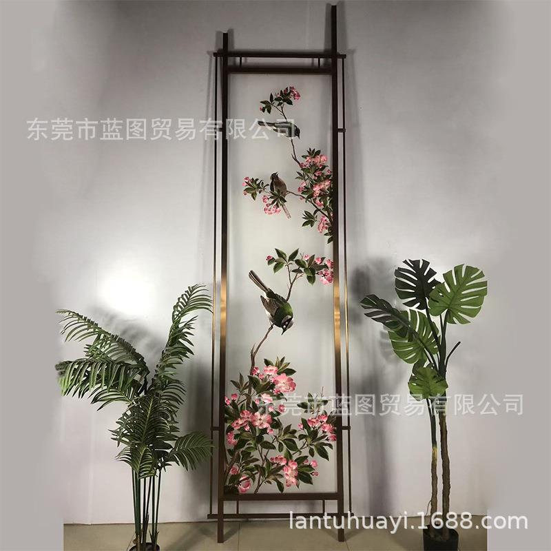 大幅半透明纱布画双面刺绣仿真丝隔断古画花鸟铝合金属不锈钢屏风