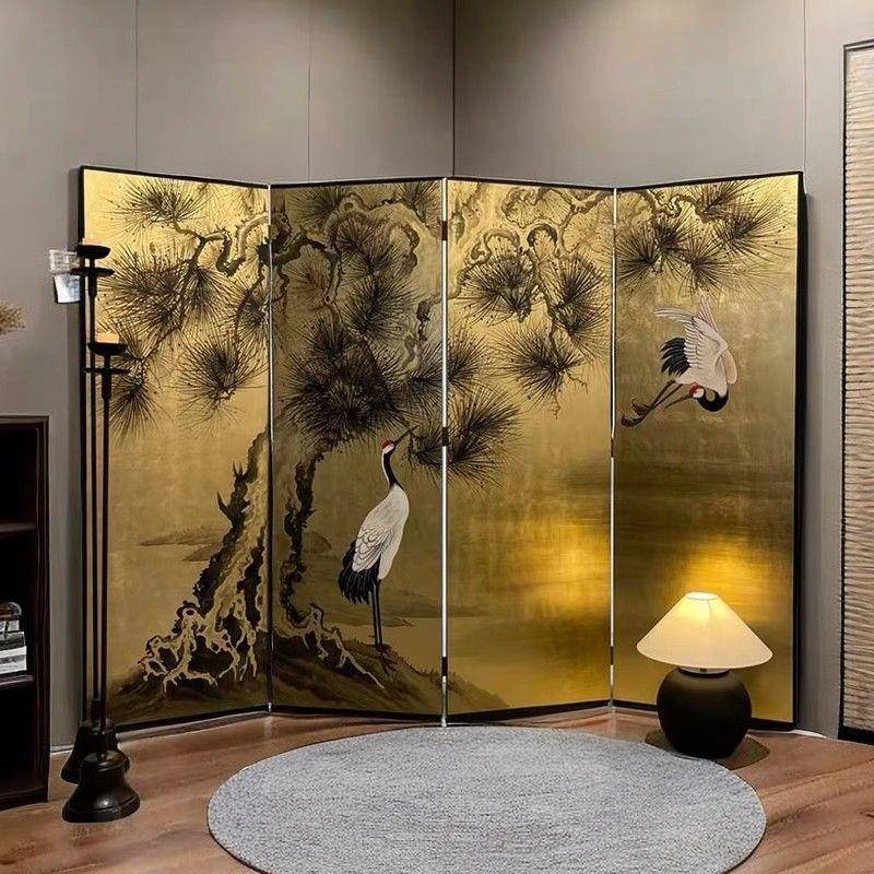 中式手绘屏风漆画仙鹤寿鹿金箔屏风客厅隔断茶室酒店古风摄影屏风