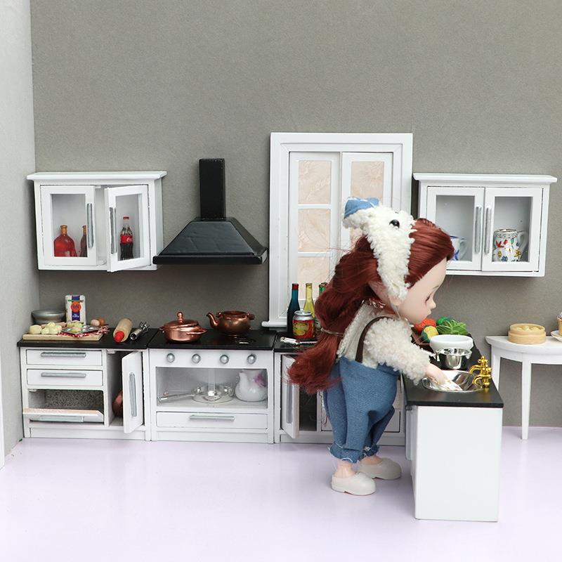1:12娃娃屋dollhouse木质迷你家具迷你厨房场景白色厨房7件套