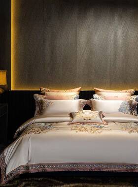 轻奢高精密锦缎纯色四件套白色刺绣蕾丝样板房长绒棉床盖床上用品