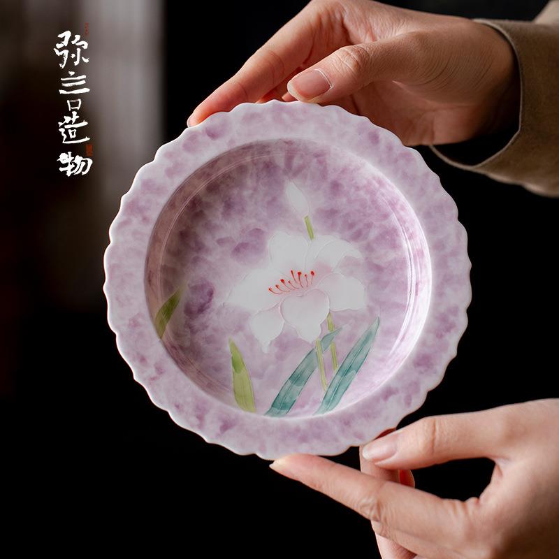 弥言手绘百合花陶瓷壶承家用干泡盘小茶台茶道配件花口茶点盘茶盘