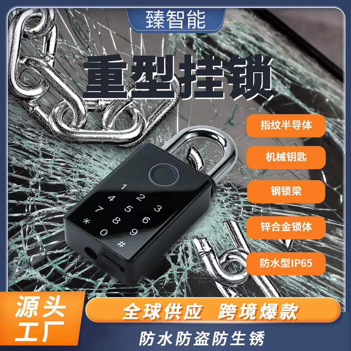 仓库智能指纹密码锁家用庭院远程电子锁户外防水大门锁带钥匙挂锁