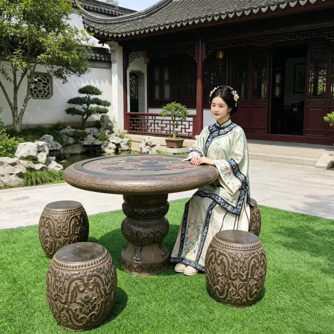 石桌石凳茶台茶桌一套仿古石头桌子户外庭院花园家用中式大理石桌