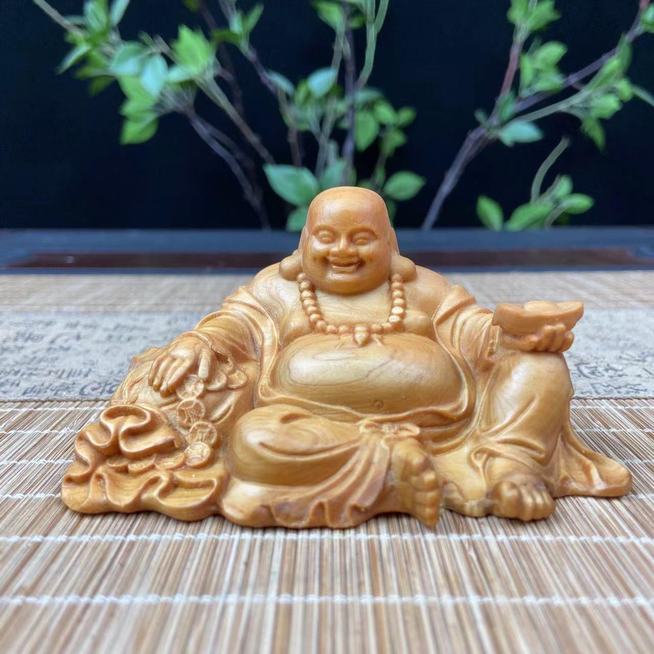 崖柏木雕元宝弥勒佛像车载摆件家居客厅电视柜招财笑佛神像工艺品
