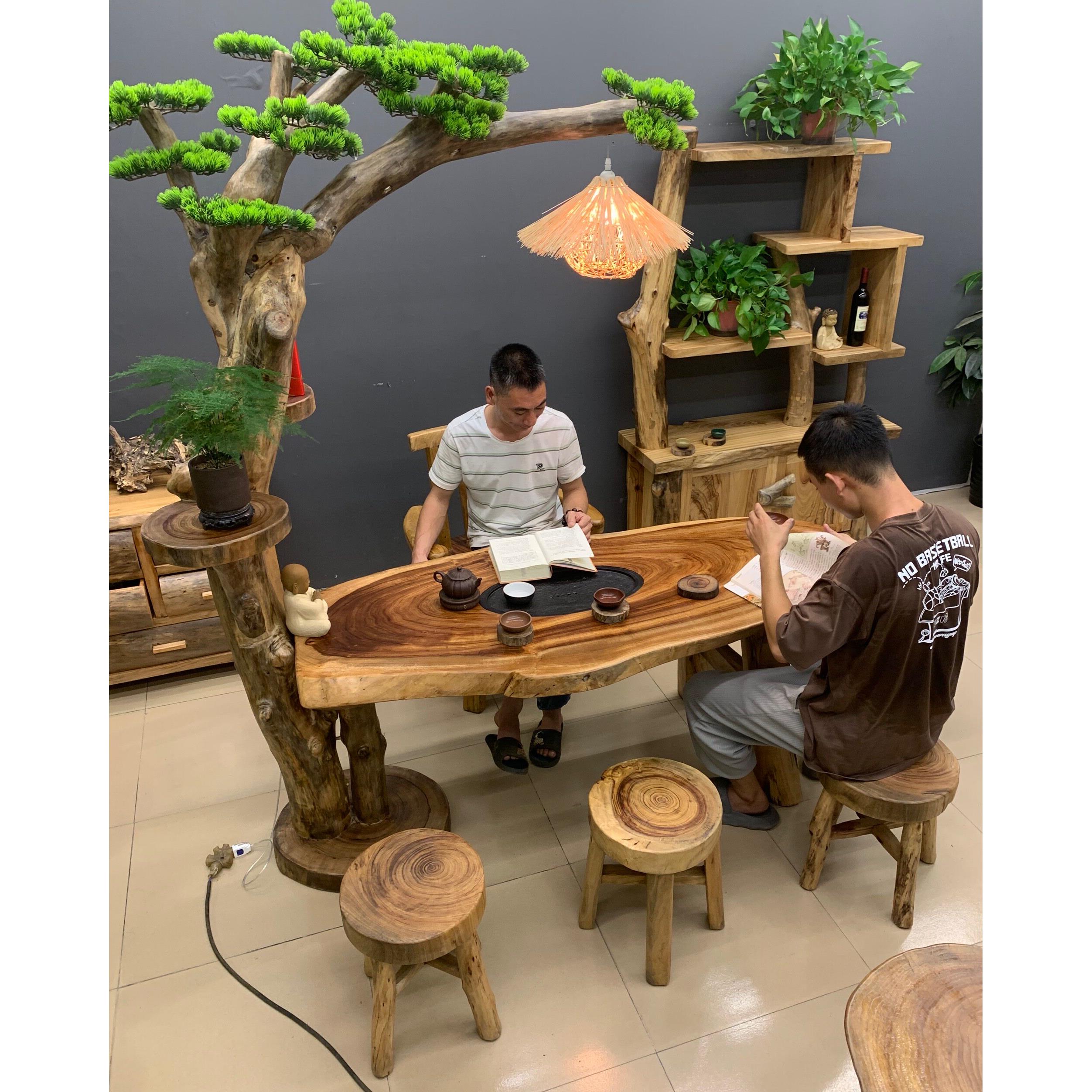 香樟木茶台原木根雕茶几原生态实木灯架茶桌家用实木大板桌组合椅