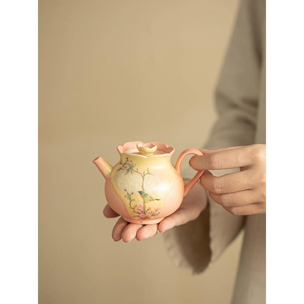 高颜值轻奢窑变结晶釉桃红花鸟莲语壶陶瓷泡茶壶女士功夫茶具套装