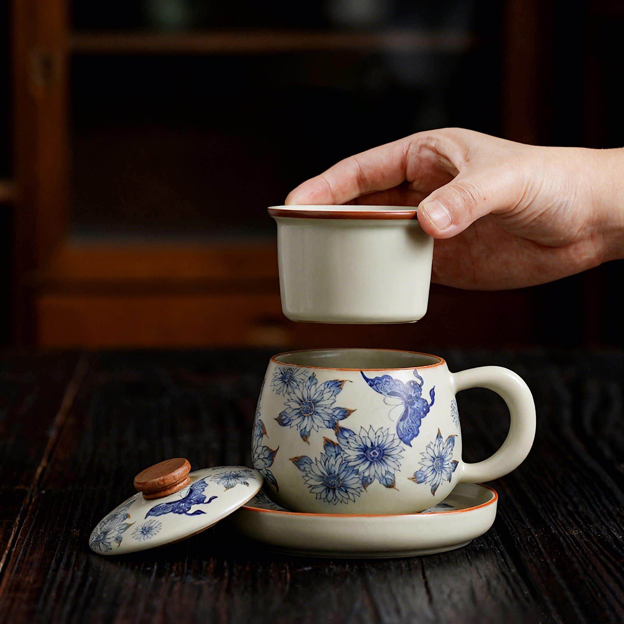 开片汝窑办公杯全瓷过滤水杯陶瓷茶水分离大容量个人泡茶杯会议杯