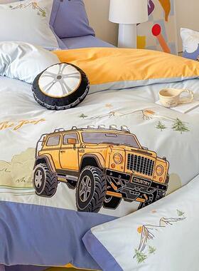 送抱枕秋冬全棉磨毛四件套越野刺绣加厚纯棉1.2m被套床上用品蓝色